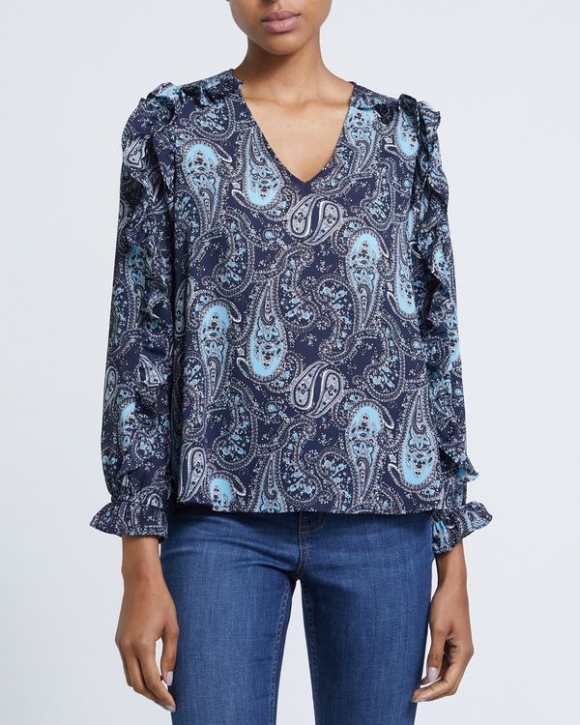 V-Neck Ruffle Paisley Blouse